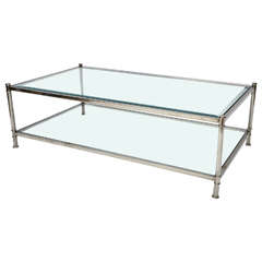 Mid-Century Modern French Chrome and Glass Two-Tier Coffee Table