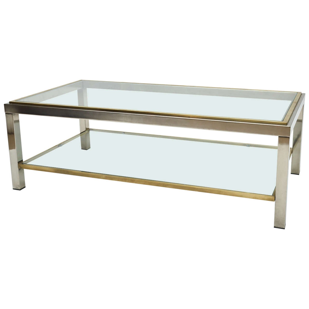 Mid-Century Modern French Brass and Chrome Glass Coffee Table