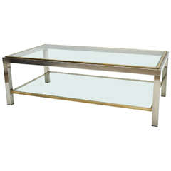 Mid-Century Modern French Brass and Chrome Glass Coffee Table