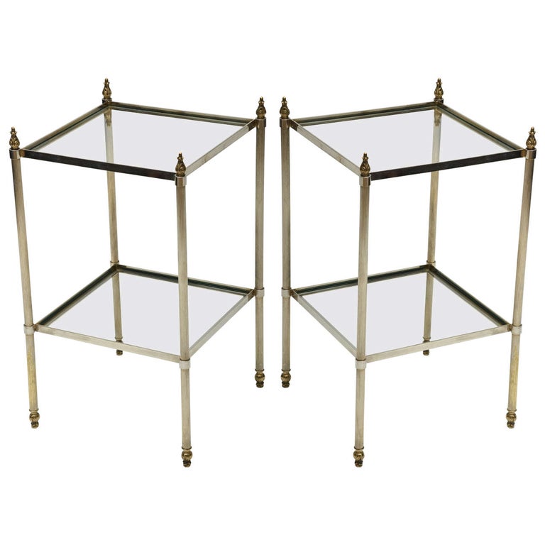 MidCentury Modern Pair of French Brass and Glass Side Tables For Sale