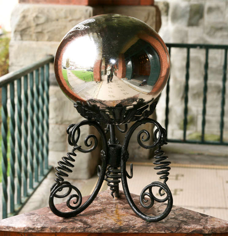 English Handblown Mercury Glass Ball on Hand Wrought Iron Stand