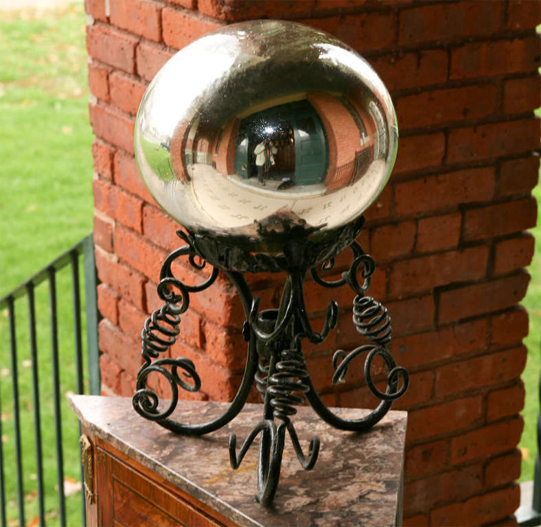 Handblown Mercury Glass Ball on Hand Wrought Iron Stand 1