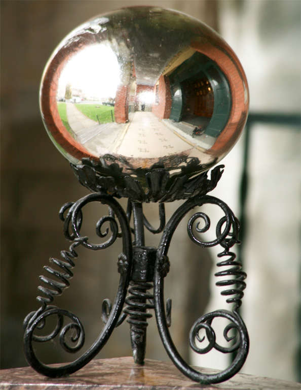 Handblown Mercury Glass Ball on Hand Wrought Iron Stand 4