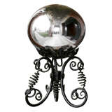 Antique Handblown Mercury Glass Ball on Hand Wrought Iron Stand