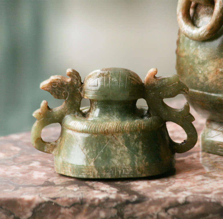 A Chinese Carved Jade Vase with Loose Ring Handles 3