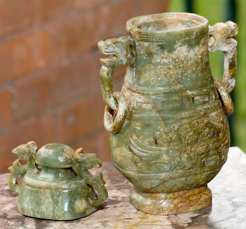 A Chinese Carved Jade Vase with Loose Ring Handles 5