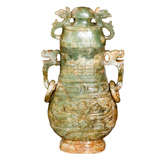 A Chinese Carved Jade Vase with Loose Ring Handles