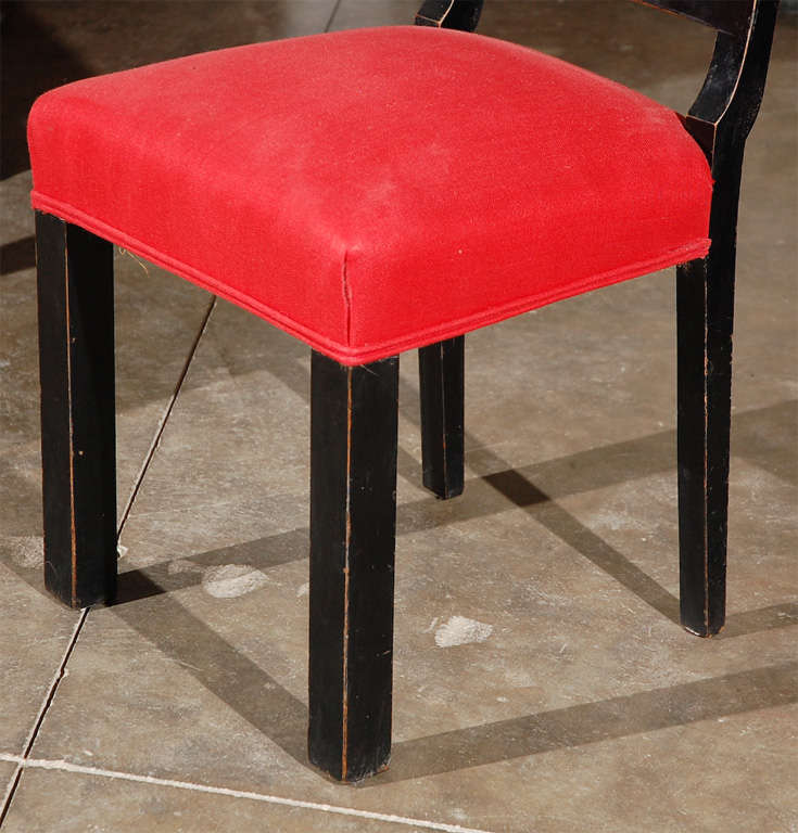 Set of Six Art Deco Wood Lacquer Dining Chairs with Red Linen Upholstered Seats In Good Condition In Los Angeles, CA