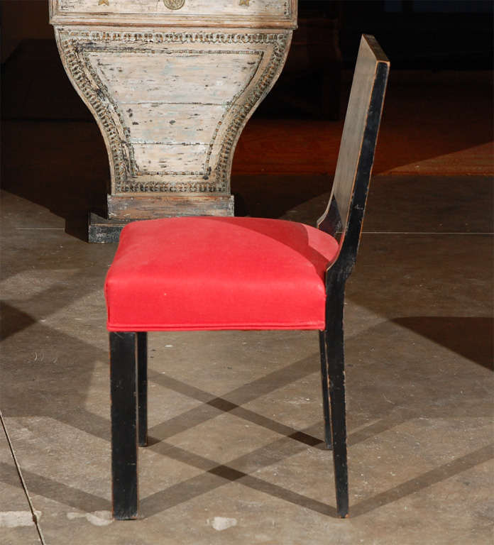 20th Century Set of Six Art Deco Wood Lacquer Dining Chairs with Red Linen Upholstered Seats