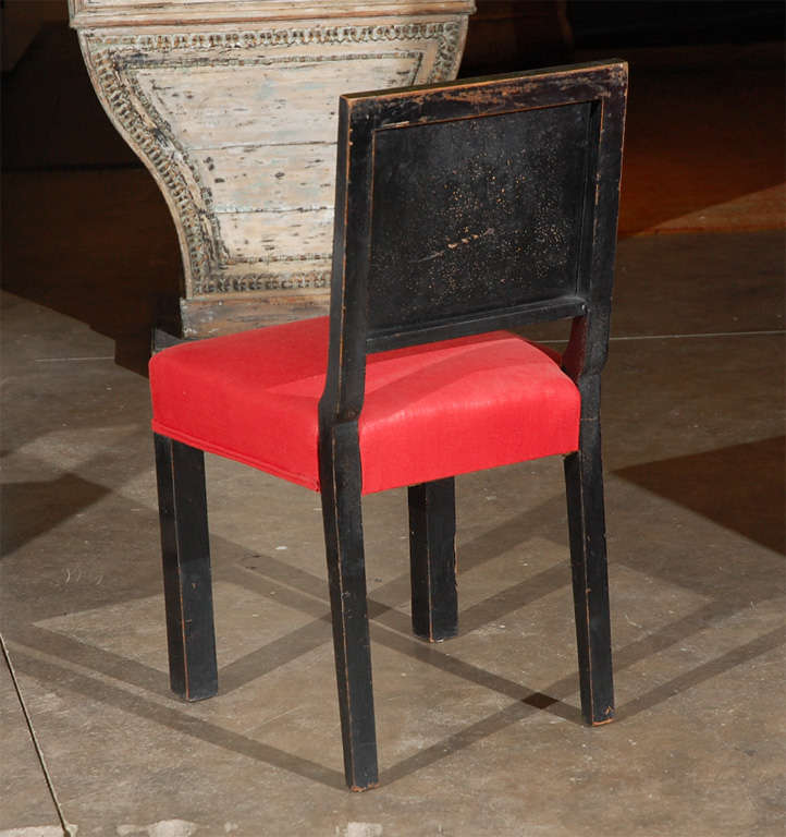 Set of Six Art Deco Wood Lacquer Dining Chairs with Red Linen Upholstered Seats 1