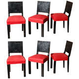 Set of Six Art Deco Wood Lacquer Dining Chairs with Red Linen Upholstered Seats