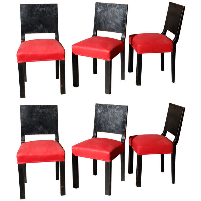 Set of Six Art Deco Wood Lacquer Dining Chairs with Red Linen Upholstered Seats