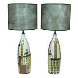 Pair of Italian Pottery Citiscape  Lamps