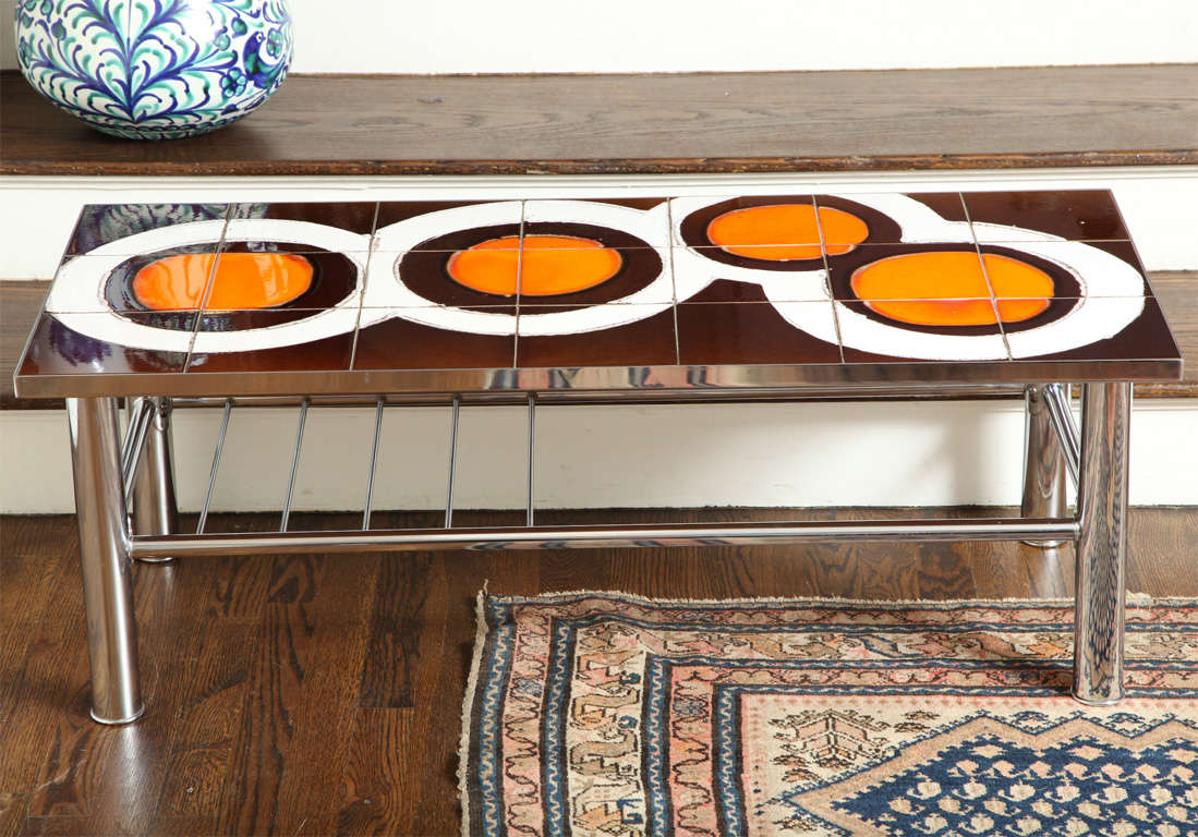 French Two-Tier Chrome Coffee Table with Glazed Ceramic Tile Top