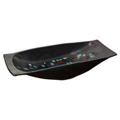 1960
s Gunmetal Glazed Dish with Colored Tiles, signed MK