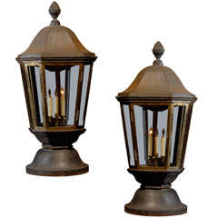 Antique Pair  English Iron and Bronze Post Lanterns from Somerset.