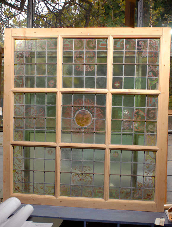 English six paneled hand-painted and fired glass in frame