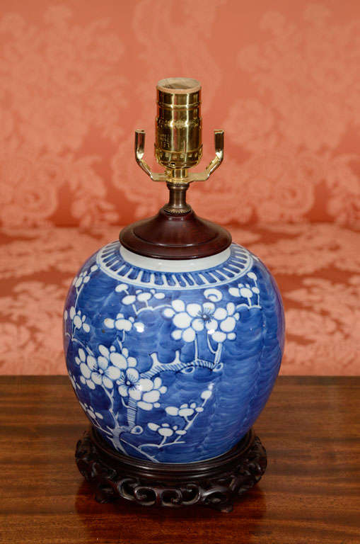 Chinese, blue and white ginger jar in the Hawthorne pattern Ca. 1880, electrified, silk shade 