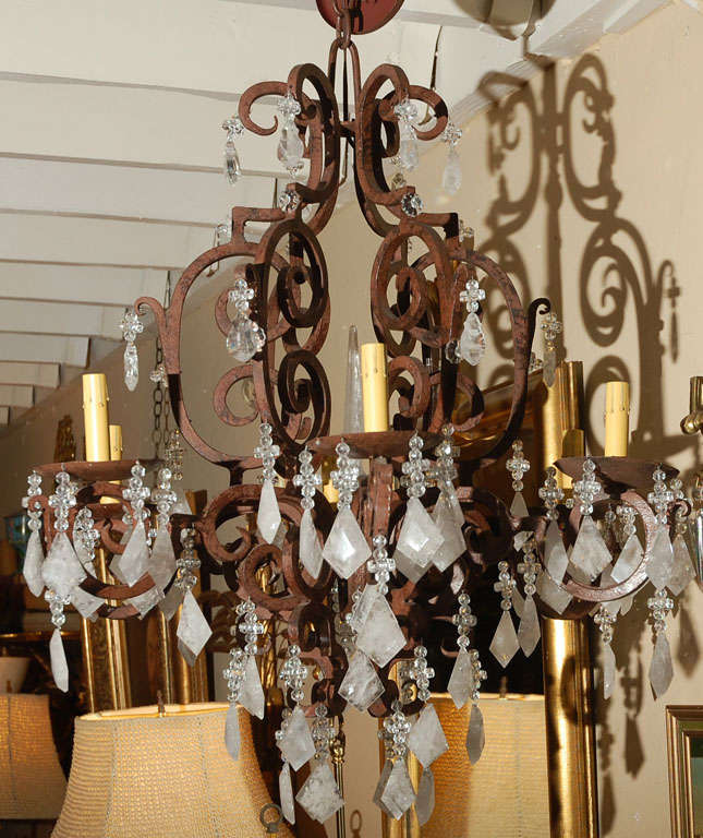 1980s wrought iron six-light chandelier cover with Brazilian rock crystal.