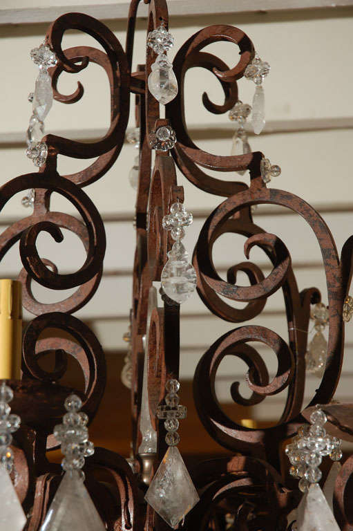 20th Century Six-Light Wrought Iron Rock Crystal Chandelier For Sale