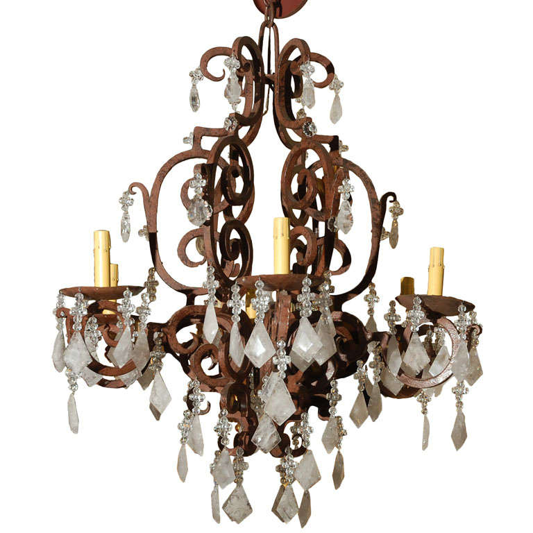 Six-Light Wrought Iron Rock Crystal Chandelier For Sale