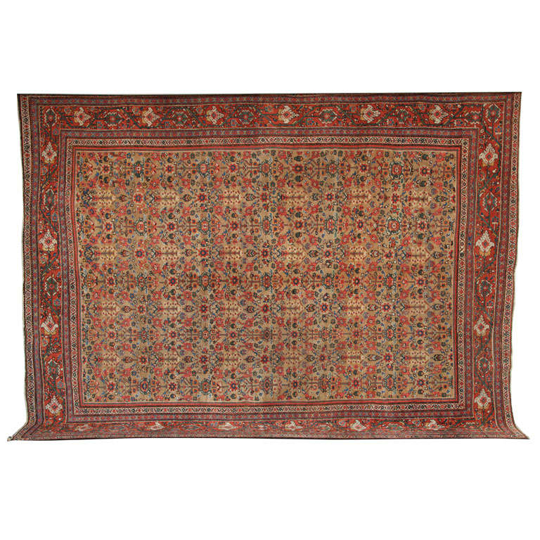 Hand-knotted Antique 1880s Wool Persian Sultanabad Rug, Red and Cream, 9' x 12'