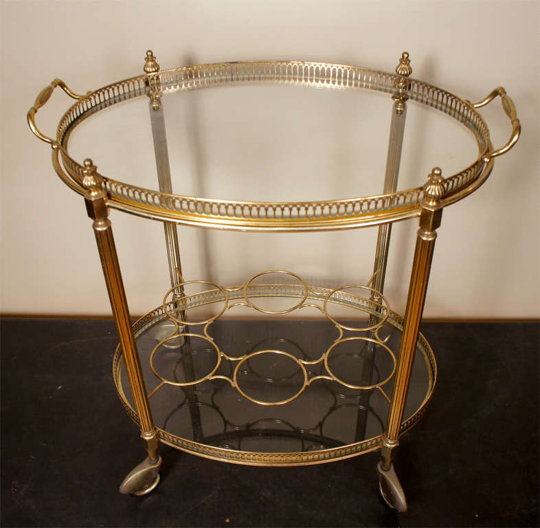 Brass French Tea Cart, solid brass French 2 tier with glass shelves bar or tea cart with gallery rail and caster wheels.
