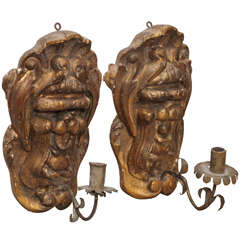 Pair of Carved and Gilded "Lion-Dog" Sconces