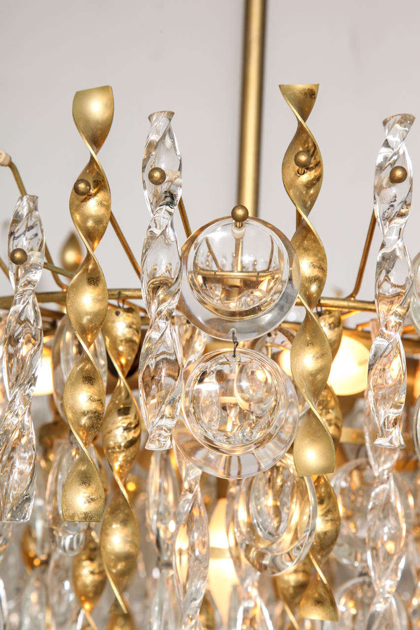 Italian Sciolari Crystal Disc Pendant Chandelier with Glass and Brass Gold Twists