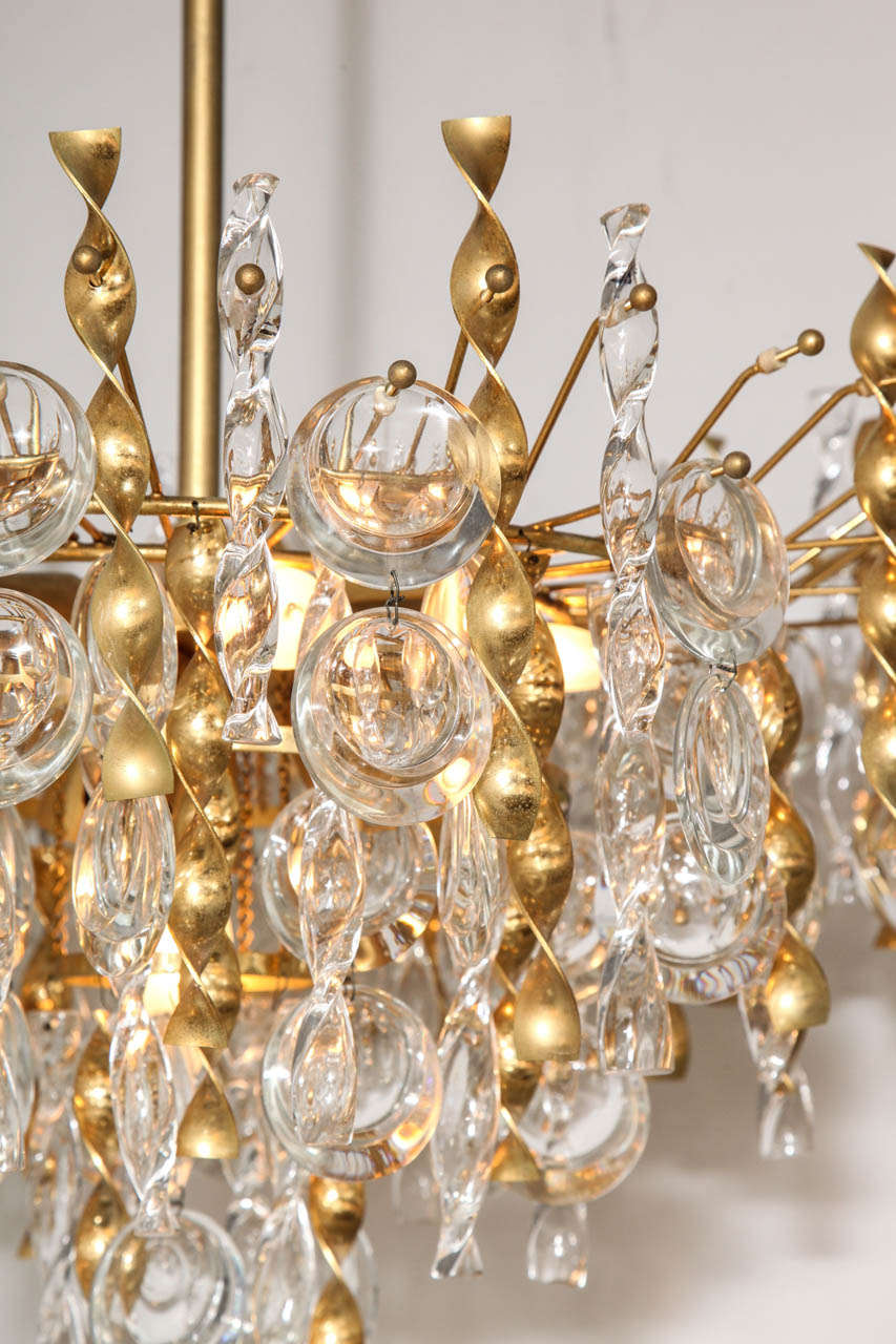 Sciolari Crystal Disc Pendant Chandelier with Glass and Brass Gold Twists In Good Condition In New York, NY