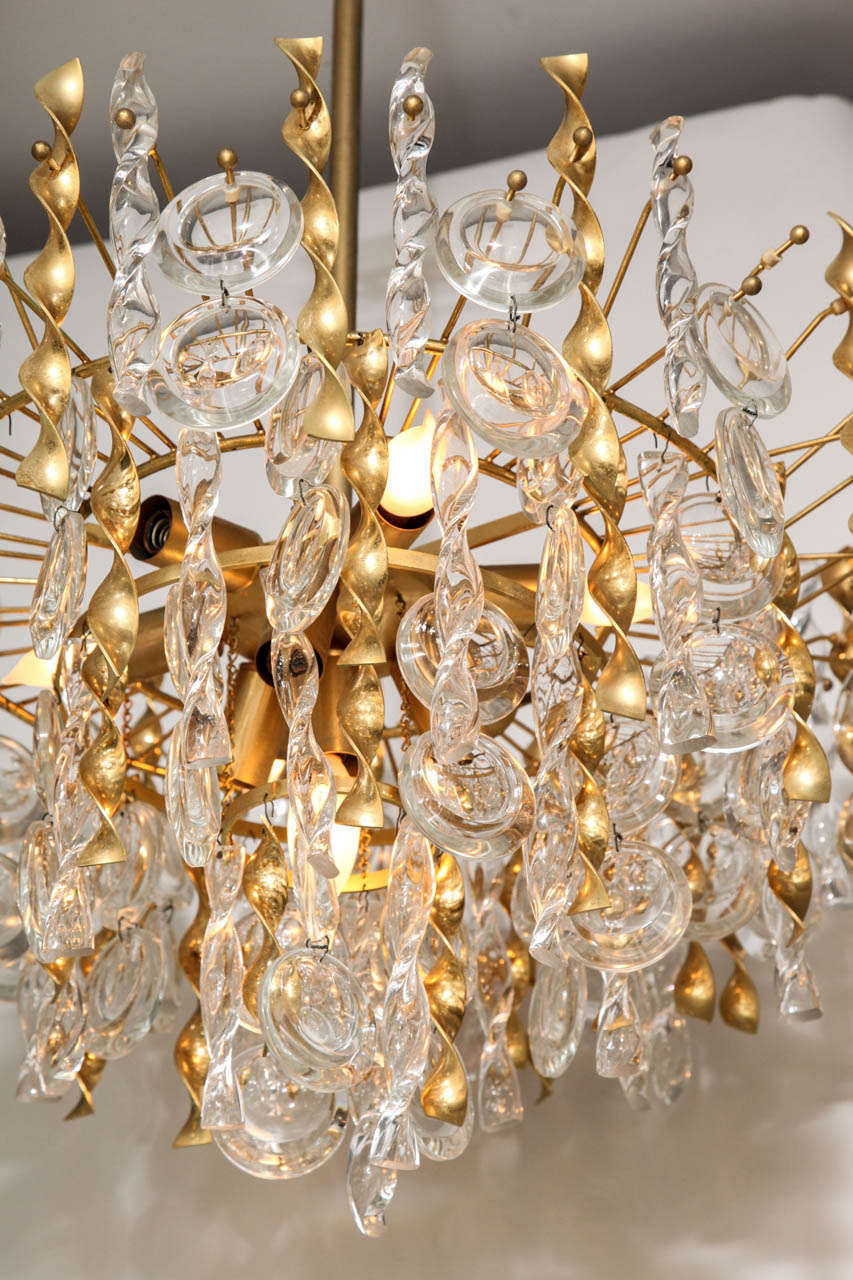 Mid-20th Century Sciolari Crystal Disc Pendant Chandelier with Glass and Brass Gold Twists