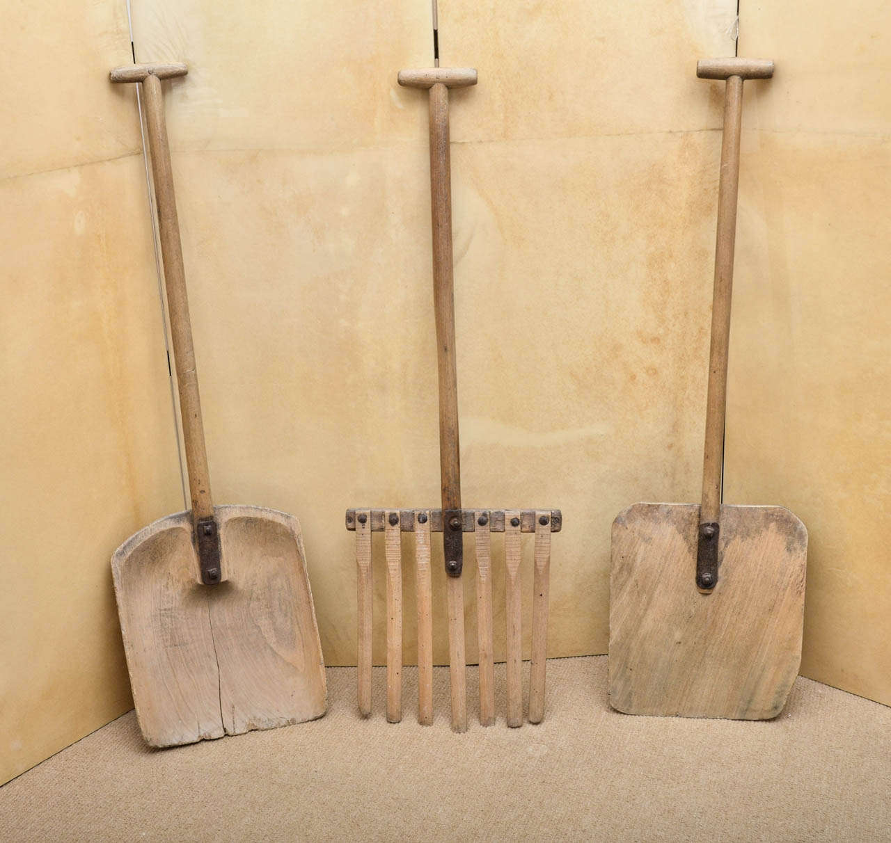 A set of three 19th Century brewery tools used for turning hops made from ashwood and sycamore.
