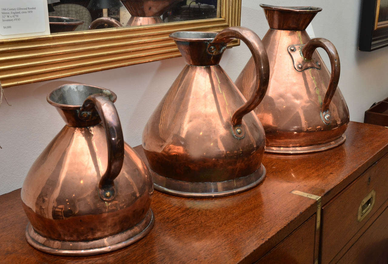 Matched Set of 19th Century Copper Pitchers 'Stamped' In Good Condition For Sale In East Hampton, NY