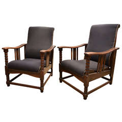 1920s Pair of Arts & Crafts Upholstered Oak Reclining Chairs