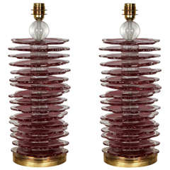 Pair of Table Lamps in Red and Transparent Murano Glass
