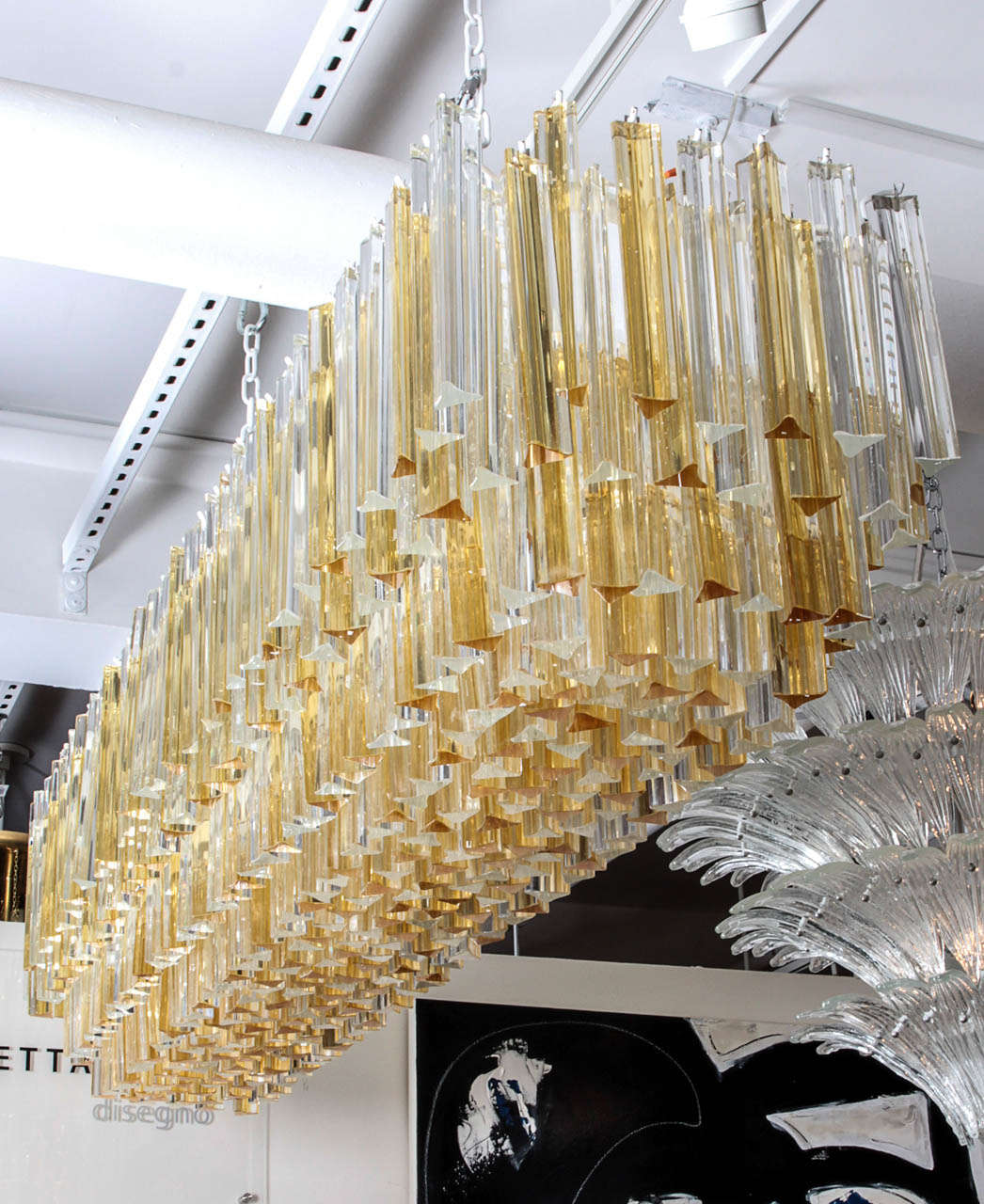 20th Century Large Rectangular Italian Murano Gold and Clear Prism Chandelier 