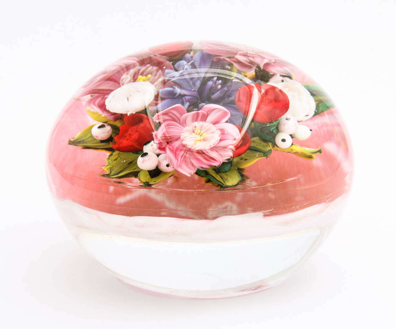 A beautiful Melissa Ayotte  bouquet paperweight titled Pink Wonder with an assortment of pink, red, purple and white flowers on a marbled background