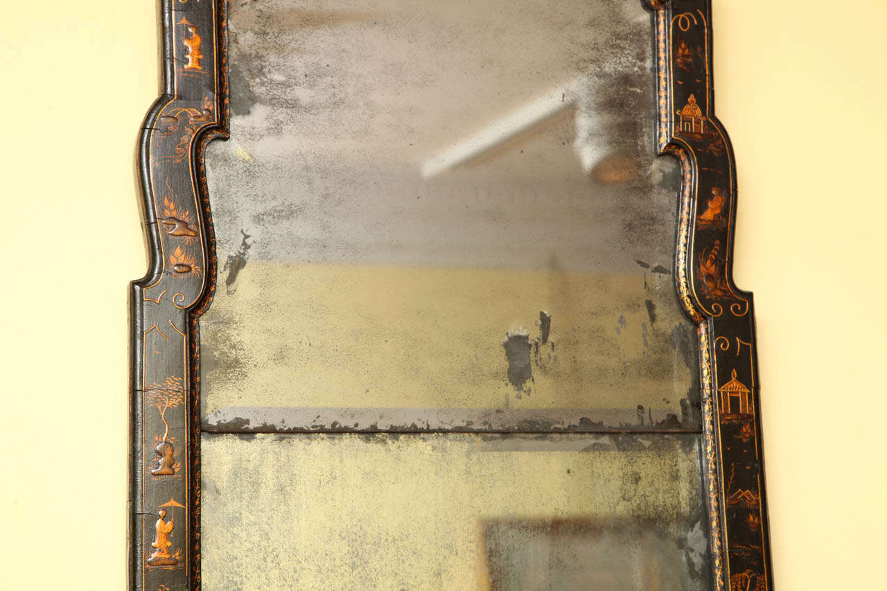 Beveled Queen Anne Period Japanned Pier Mirror, English, circa 1715 For Sale