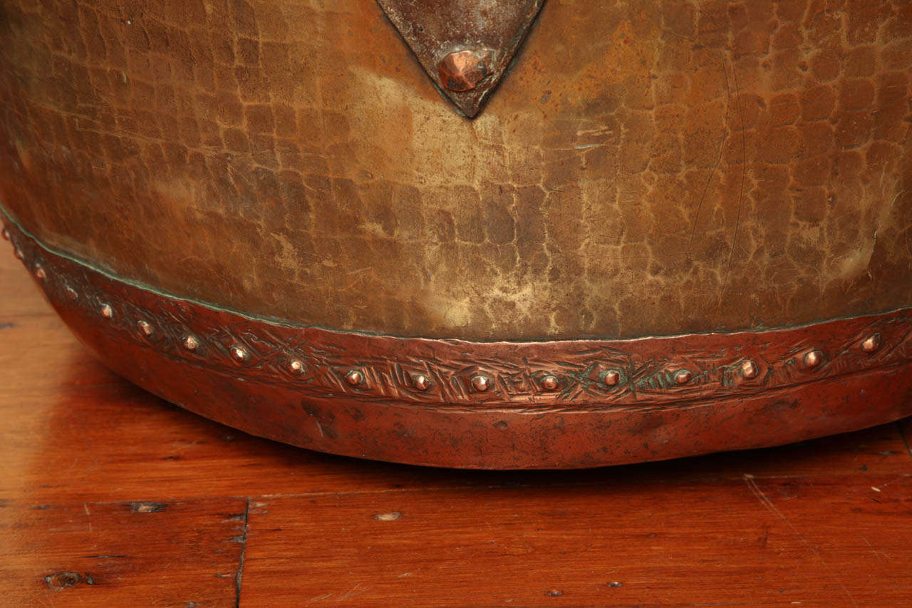 British Large Scale Hand Hammered and Riveted Copper & Brass Log Bucket c.1860