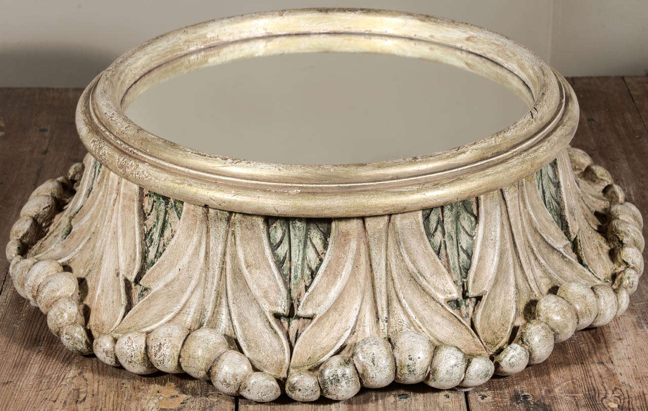 Handcrafted painted centerpiece with mirrored top from vintage casting of 1890 theatre light fixture. This table top plateau may also be displayed on a wall as a decorative mirror.