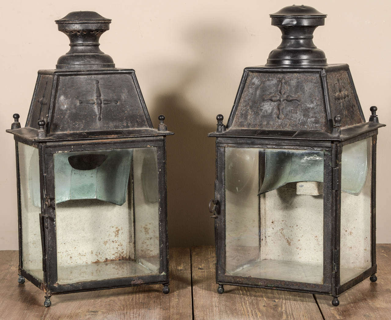Pair of fine 19th century chemin de fer lanterns with original maker's label denoting the stations they served.