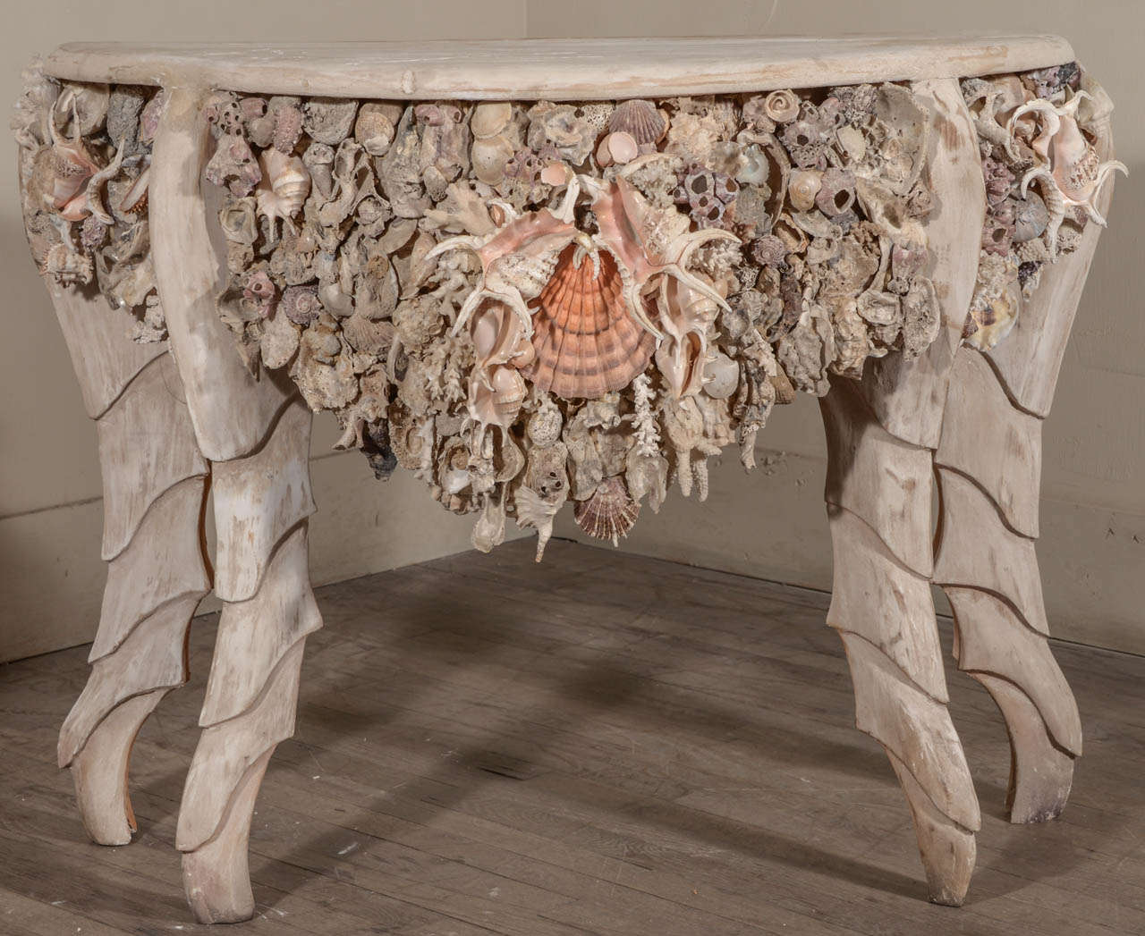 Unknown Pair of Shell Encrusted Painted Grotto Consoles