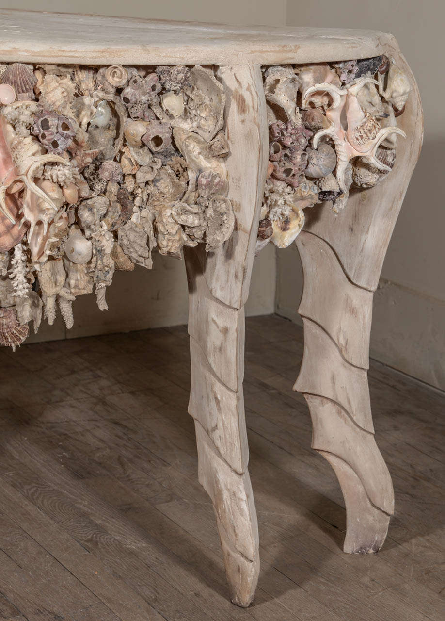 Pair of Shell Encrusted Painted Grotto Consoles In Excellent Condition In Houston, TX
