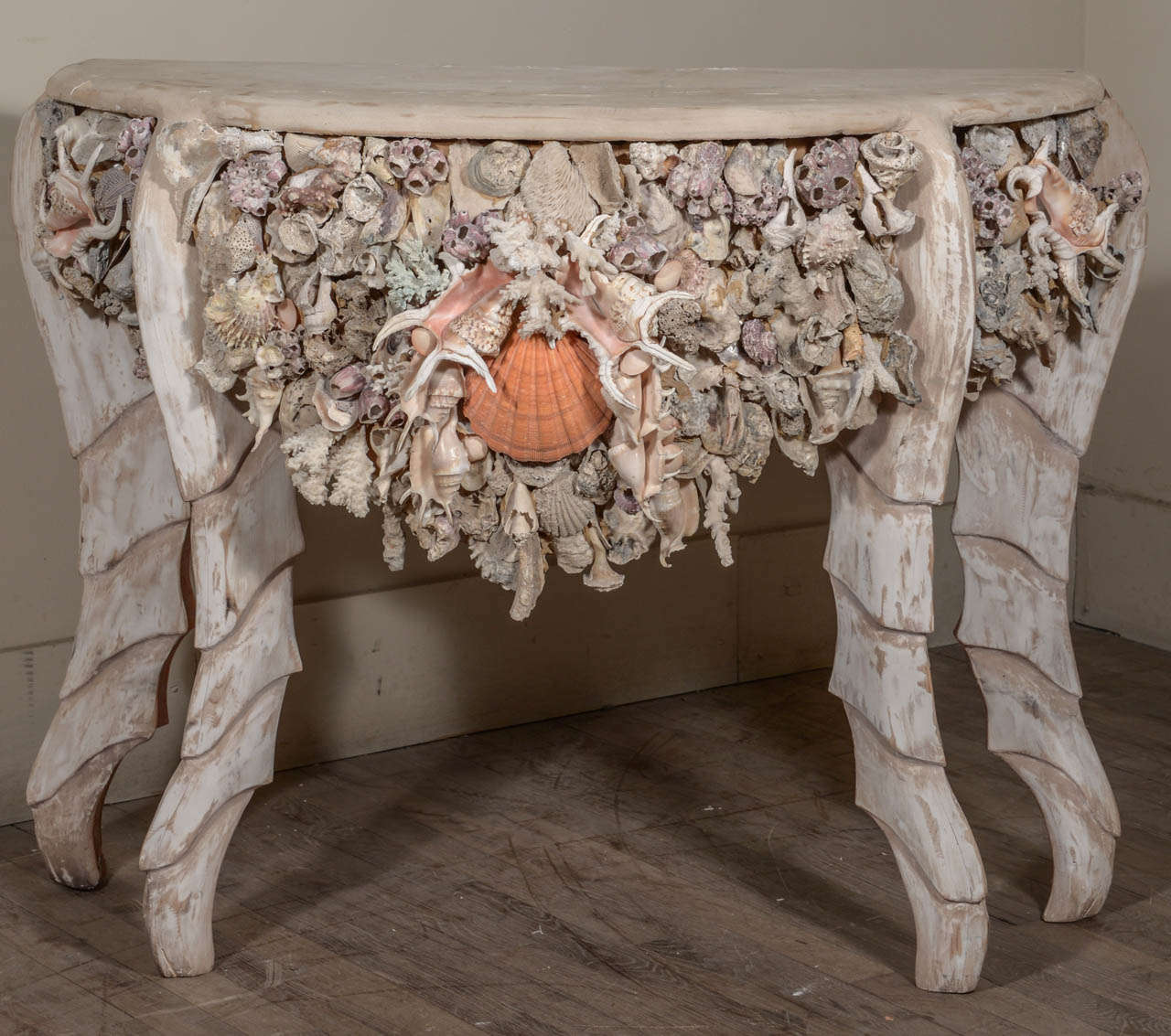 Pair of Shell Encrusted Painted Grotto Consoles 2