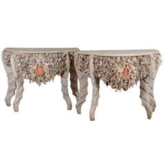 Pair of Shell Encrusted Painted Grotto Consoles