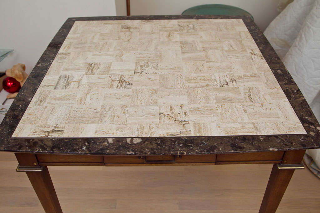 Wood Square Card Table with Inlaid Marble Top For Sale