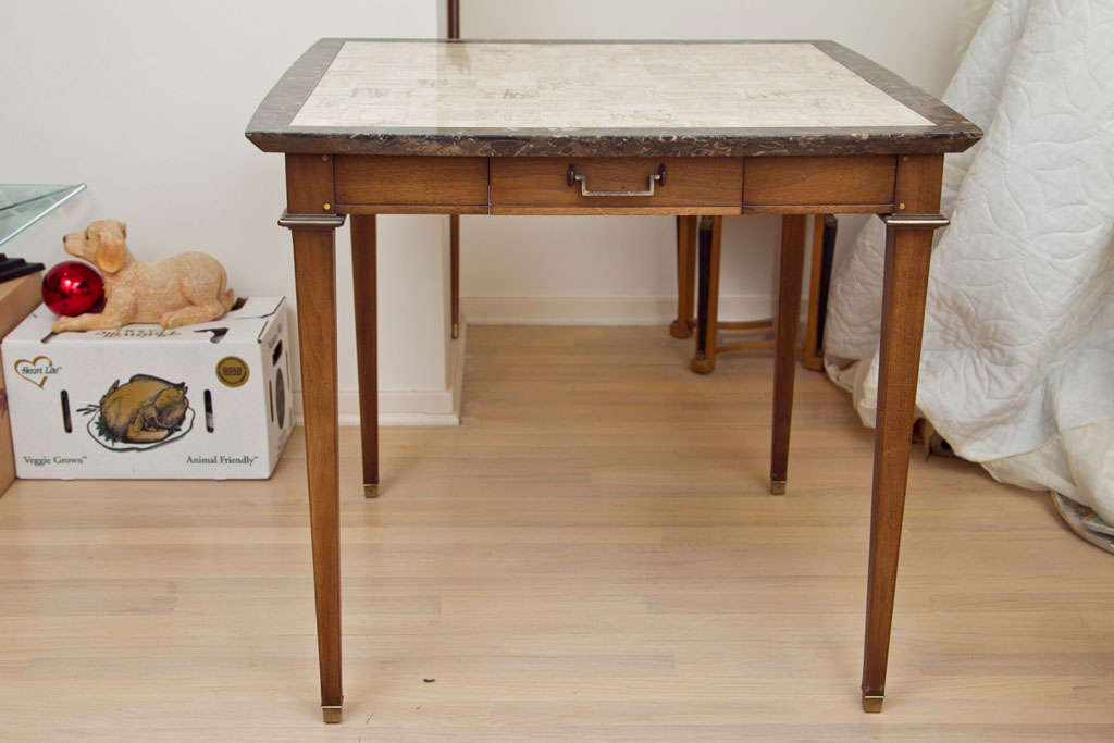SQUARE CARD TABLE WITH DRAWER ON EACH SIDE APRON- TOP IS MADE OF PIECES OF PERLATTA MARBLE INLAID IN A SELF PARKAY MANNER-- FRUITWOOD COLOR FINISHED WOOD