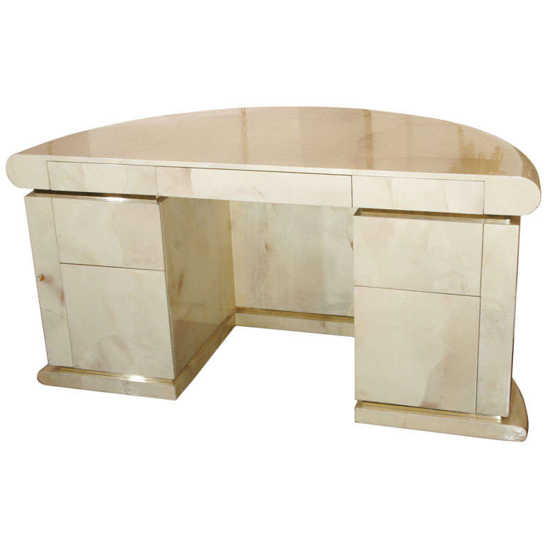Parchment Covered Presidental Desk in the Style of Karl Springer For