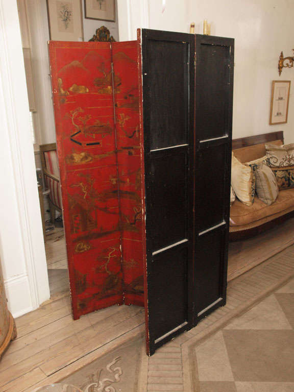 19th Century Red Lacquer Five-Panel Screen