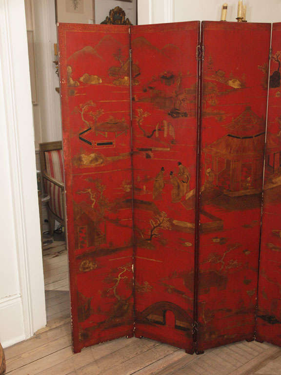 Other 19th Century Red Lacquer Five-Panel Screen For Sale